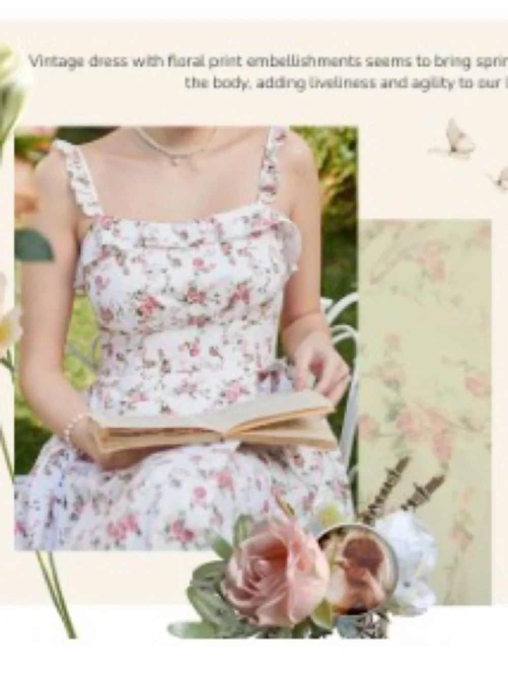 Belle Poque Floral Ruffle Sundress - Cream with Pink Roses. XL